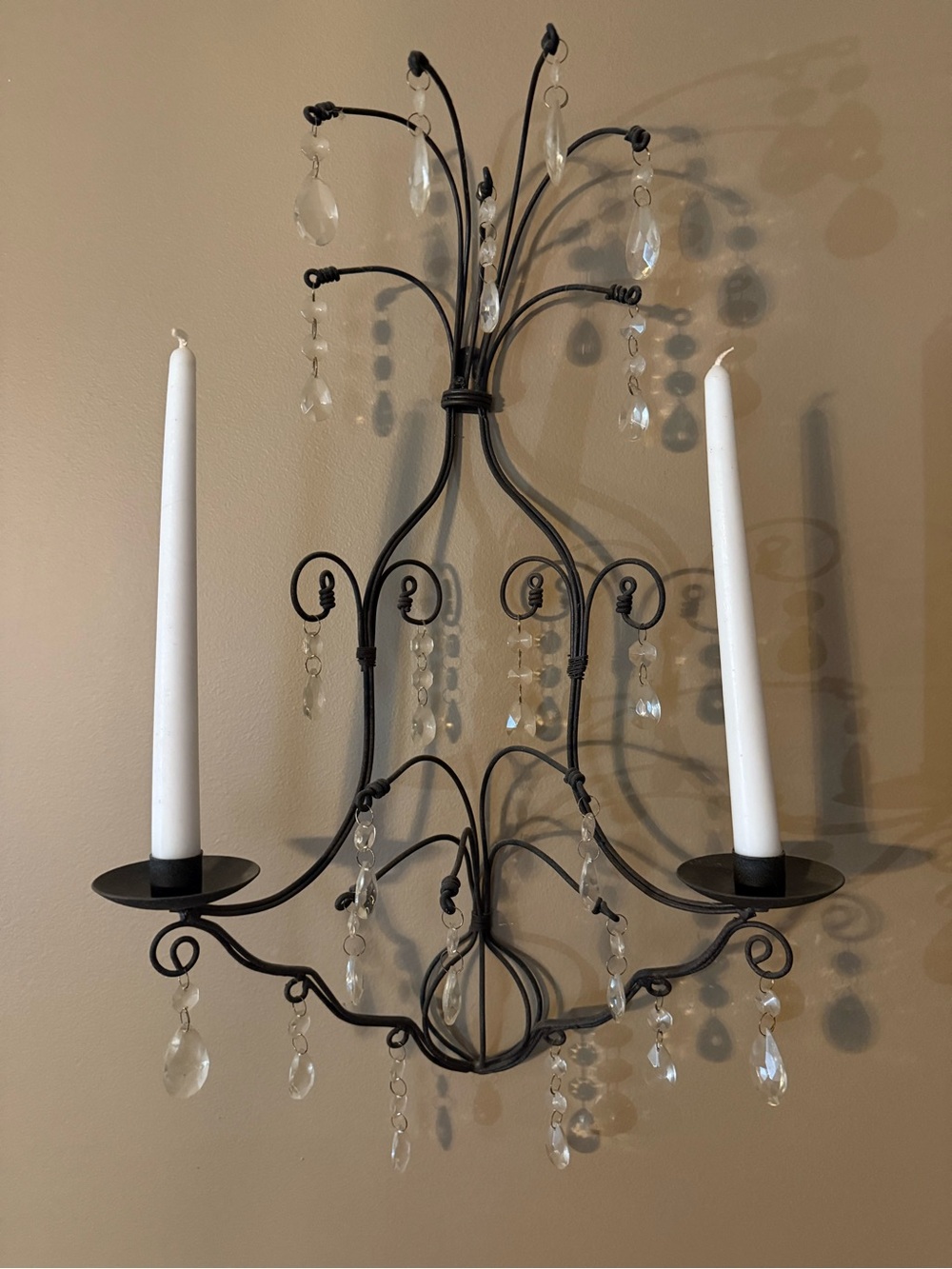 Black Metal Wall Candle Sconce with Crystal Droplets - Home Accents
